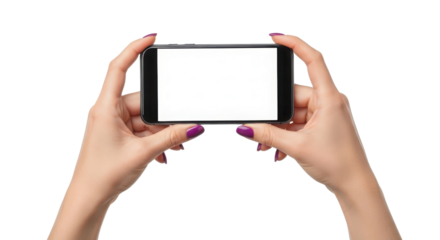 Woman Hands Holding Black Smartphone Mockup with Blank White Screen Horizontally Isolated