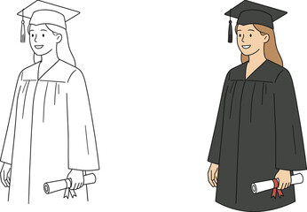 Female graduate illustration in side view holding diploma wearing graduation cap and academic gown flat vector isolated on white background for education success concept