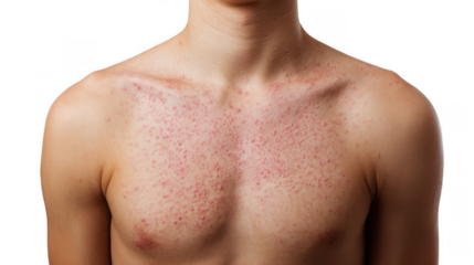 Close up of a man's chest and shoulder exhibiting a measles rash, highlighting the characteristic red spots and skin irritation against a transparent background
