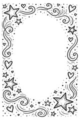 Cute star doodle frame with swirls and hearts, Transparent Background