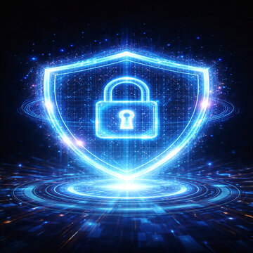 Futuristic Cyber Security Shield with Digital Lock and Data Protection Concept