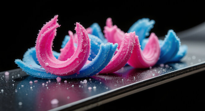 Ski Wax Curls &ndash; Vibrant Pink and Blue Artistic Macro Texture for Winter Sports Marketing and Equipment Maintenance Blogs
