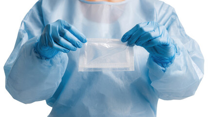 Fototapeta premium Scientist wearing a protective suit and gloves holds a sealed plastic bag containing a small amount of blue liquid, against a transparent background