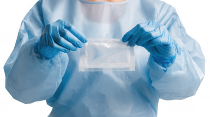 Scientist wearing a protective suit and gloves holds a sealed plastic bag containing a small amount of blue liquid, against a transparent background