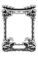 Japanese ornate frame with waves and flowers, Transparent Background