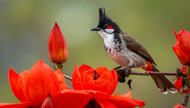 Red-whiskered bulbul bird perched on a branch with blooming red flowers, against a soft green bokeh background