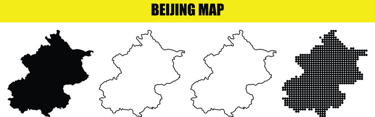 Fototapeta premium Beijing map collection, beijing city outline map, silhouette, white, line, and dotted maps on transparent background