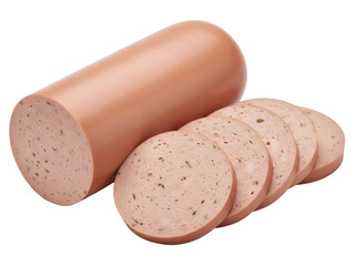 Isolated bologna sausage log, sliced, traditional processed meat for sandwiches and salads © Aoife