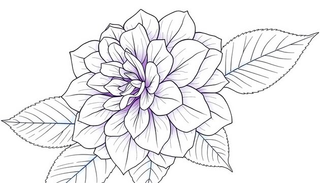 Elegant line art drawing of a hydrangea blossom, showcasing delicate petals and leaves, petals, black and white