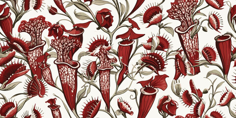 Vintage botanical seamless pattern with Venus flytraps and pitcher plants for textile design and gift wrapping.