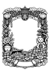 Ornate Asian lucky frame with coins and symbols, Transparent Background