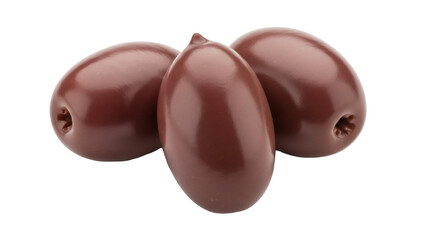 Isolated group of three glossy dark-brown olives sitting close together on a seamless surface