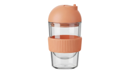 Isolated drinkware tumbler with peach accents, glass and rubber for coffee, tea, water or juice