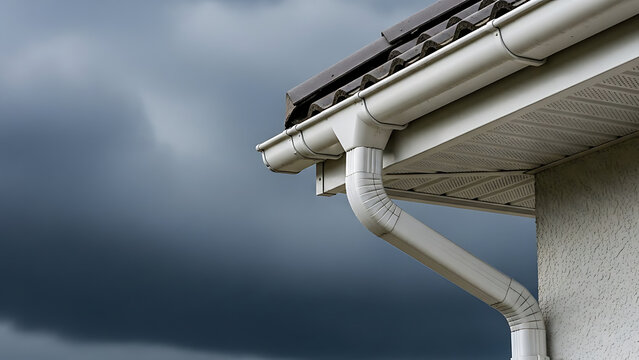 Seamless white gutter system on a house against a dark, stormy sky