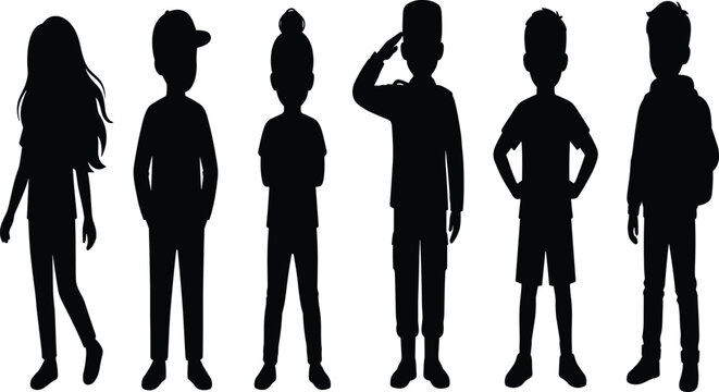 Set of black silhouettes depicting standing teenagers, girl with long hair, boy with cap, soldier saluting, and student with backpack.