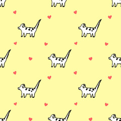 Seamless pattern with lineart dog and red hearts, yellow background, kids background.