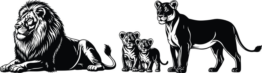 Lion family silhouette illustration, majestic male lion lioness cubs, wildlife safari animal art, black white vector design © Its Morsed here