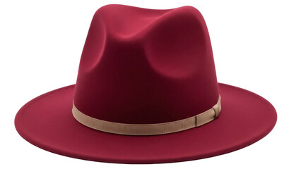 Isolated red wide-brimmed fedora with decorative band, retro style hat, fashionable headwear