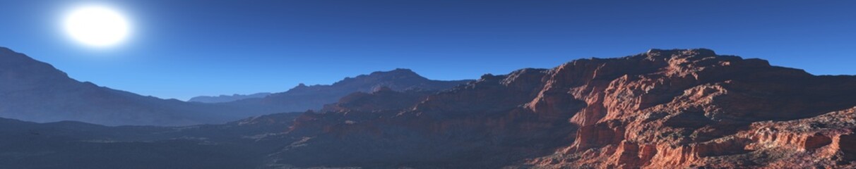 Panorama of Mars at sunset, sunrise above the surface of Mars, Martian landscape, 3d rendering