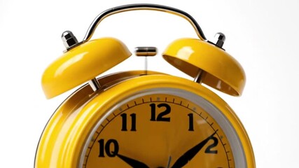 A vibrant yellow, classic-style twin-bell alarm clock is captured in a clean, isolated close-up shot against a bright white background. The retro design features prominent black numbers and hands on i