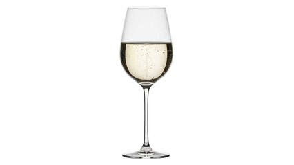 Isolated glass of white wine with bubbles inside ready for tasting, on a simple background