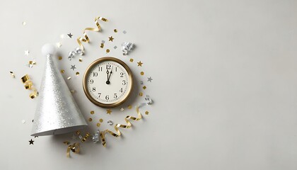 New Year's Eve flat lay with vintage clock at midnight, silver party hat, and golden confetti