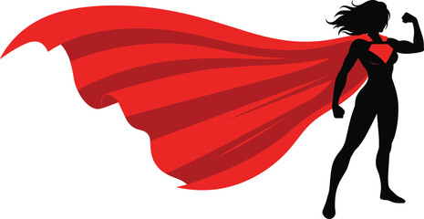Powerful female superhero silhouette with red cape symbolizing strength confidence leadership feminism empowerment comic style vector illustration, modern flat design © Its Morsed here