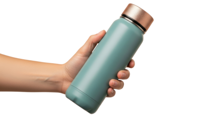 Person's Hand Holding Mint Green Insulated Water Bottle with Rose Gold Lid on White Background