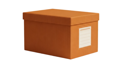 Isolated view of orange cardboard storage box with label, office supply container object