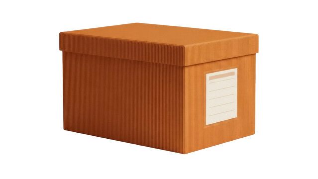 Isolated view of orange cardboard storage box with label, office supply container object