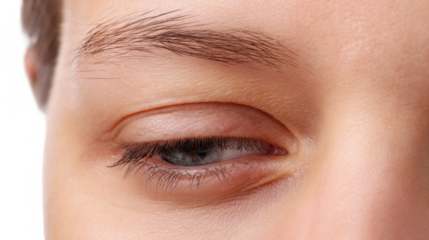 Close up of an asian senior man's closed eyes, exhibiting ptosis or drooping eyelid, a common age related condition, isolated on transparent background