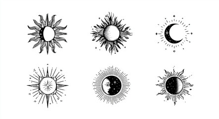 Celestial Sun Moon Line Icons Set Isolated on White Background