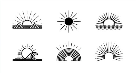 Minimal Sun and Sea Line Icons Set Isolated on White Background
