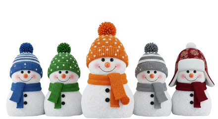 Five Cute Christmas Snowmen with Colorful Knitted Hats and Scarves Isolated on White Background