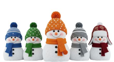 Five Cute Christmas Snowmen with Colorful Knitted Hats and Scarves Isolated on White Background