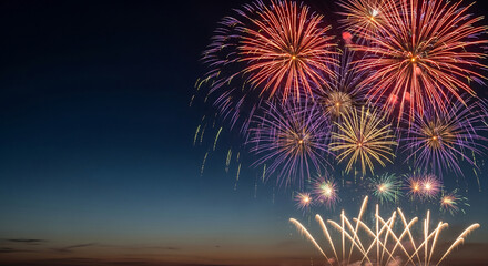 Image displays vivid fireworks against a twilight sky, evoking celebration, joy, and festive spirit, suitable for events or holiday theme