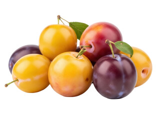 Isolated group of fresh ripe plums of various colors and sizes on a light surface