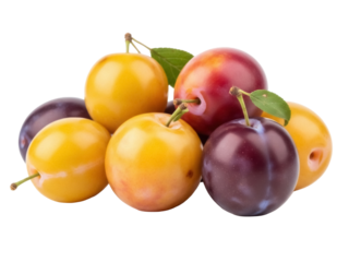 Isolated group of fresh ripe plums of various colors and sizes on a light surface