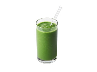 Isolated glass of blended green smoothie with straw, beverage, nutritious & detoxifying drink