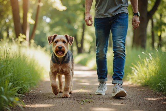 Airedale Terrier Walking Companion &ndash; Peaceful Forest Trail for Outdoor Lifestyle and Pet Bonding Narratives