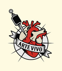 Fototapeta premium Traditional Tattoo Art Heart with Machine and Arte Vivo Ribbon Banner