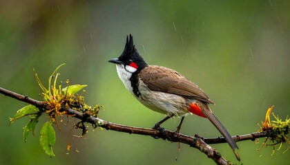 Red-whiskered bulbul perches on a mossy branch amidst greenery under rain