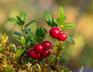 Obraz premium Red berries glisten on vibrant green foliage in blurred setting, creating a close-up natural scene