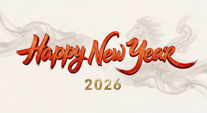 Calligraphic "Happy New Year 2026" on pale backdrop with horse, symbolizing celebration, prosperity, and festive greetings for coming year, free space