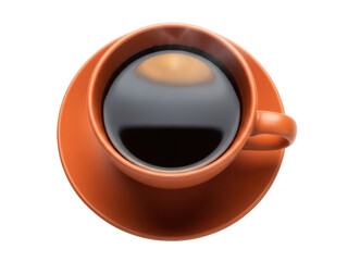 Isolated cup of dark coffee on saucer with visible steam, hot beverage in orange cup