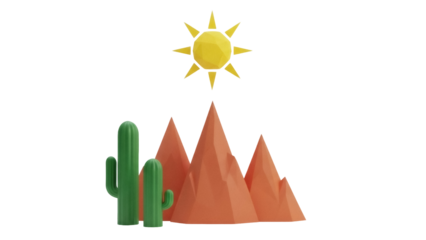 Low poly desert landscape PNG isolated on transparent background, with cactus, mountains, and sun, stylized nature scene for graphic design