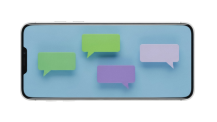 Isolated smartphone with communication bubbles for messaging social media conversation