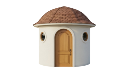 Isolated round building with brown roof shingle and wooden door, architectural structure