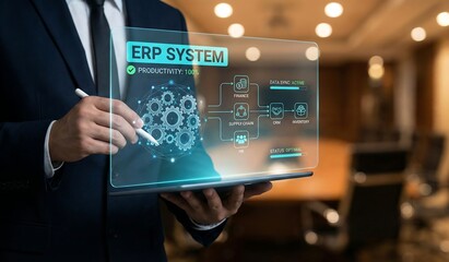 Corporate ERP system management with futuristic holographic interface