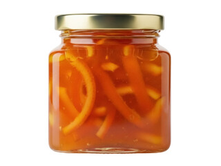 Isolated jar of orange marmalade with fruit peel and gold lid, flavorful and tangy preserve